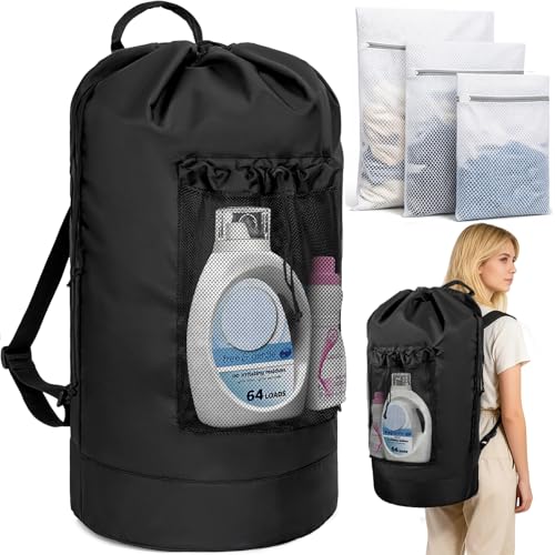 150L Laundry Bag Backpack with 3 Sizes Mesh Wash Bags and Shoulder Straps | Foldable Clothes Hamper Bag with Drawstring Closure for College, Apartment, Laundromat（Black）