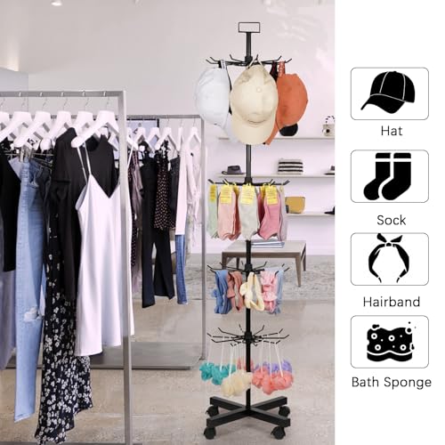5 Tier Retail Display Stand Store Display Rack, Black | Metal Spinning Display Stand Rack with Wheels Keychain Jewelry Stocking Hat Display Stand with Hooks for Malls, Retail Store