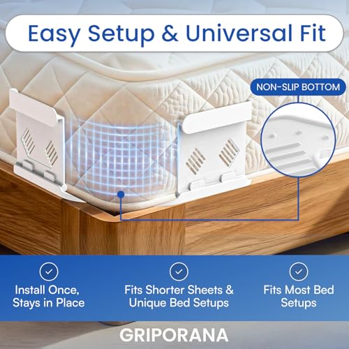 Bed Sheet Holders for Corners - Non Slip Mattress Sheet Gripper - Universal Sheet Holders - No Damage Bedding Holder - Strong 55kg Hold - Easy One-Time Installation - White Sheet Tucker Included