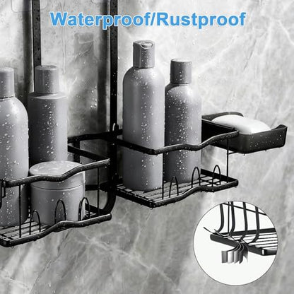Shower Caddy Hanging Organizer Over Showerhead, Rustproof Black | 2-Tier No-Drill Hanging Shower Organizer with Removable Hooks, Soap Dish, Toothbrush Holder for Bathroom Razor Shampoo Sponge