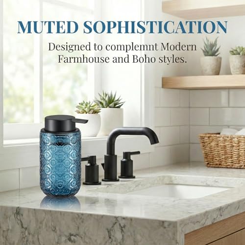 Blue Glass Foaming Hand Soap Dispenser | with Matte Black Pump Thick Embossed Bottle Refillable for Bathroom and Kitchen Decor 13.5 oz