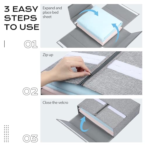 Yecaye Bed Sheet Organizer, Foldable Linen Closet Storage, 4 Pack, Grey | Bedding Storage Box with Clear Window, Labels and Handles for Queen & King Sheet Sets, Duvet Covers and Pillowcases