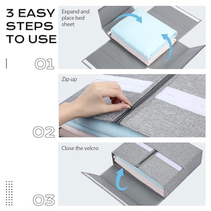 Yecaye Bed Sheet Organizer, Foldable Linen Closet Storage, 4 Pack, Grey | Bedding Storage Box with Clear Window, Labels and Handles for Queen & King Sheet Sets, Duvet Covers and Pillowcases
