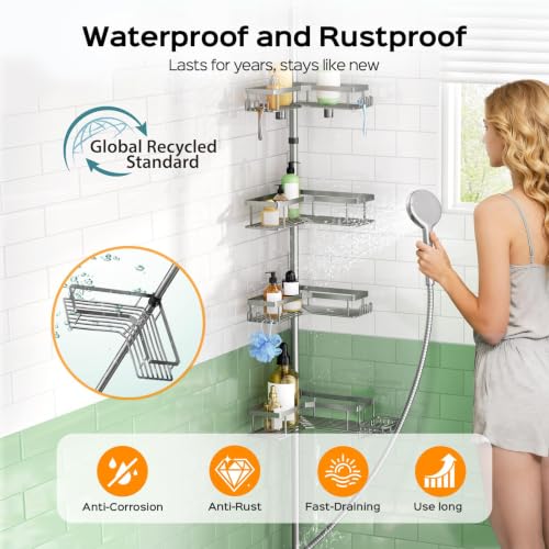 HAMITOR Shower Organizer Tension Pole: 4 Tier L-Shaped Corner Bath Shelf | Rustproof Corner Caddy with Soap Holder & Hooks, No-drill Adjustable Bathroom Rack for Apartment, Small Spaces, 47-123In