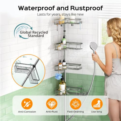 HAMITOR Shower Organizer Tension Pole: 4 Tier L-Shaped Corner Bath Shelf | Rustproof Corner Caddy with Soap Holder & Hooks, No-drill Adjustable Bathroom Rack for Apartment, Small Spaces, 47-123In