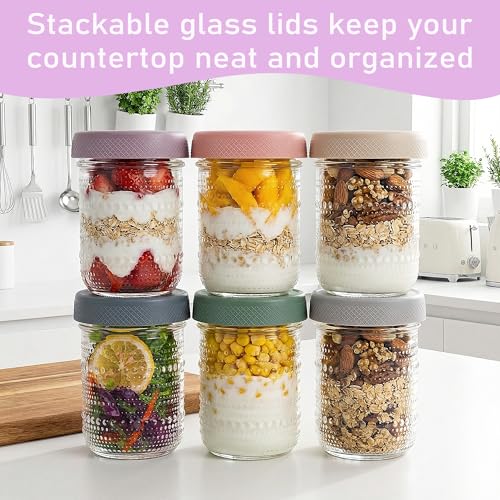 Overnight Oats Containers 16oz with Lids, 6 Pack Wide Mouth Mason Jars with Airtight Lids, Glass Food Storage Containers for Pickling, Fermenting, Snacks, Salad, Yogurt, Spice