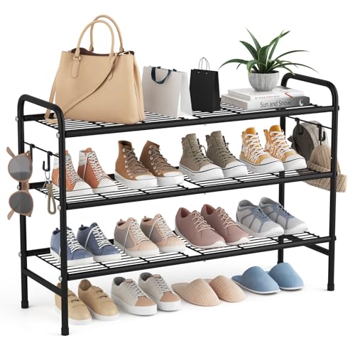 VILICK 3 Tier Shoe Rack 33" Wide Metal Shoe Organizer, Black | Long Shoe Storage, 4 Side Hooks, Sturdy Shoes Shelf, For Front Door Entrance, Closet, Garage, Dorm