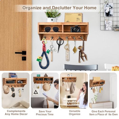 Key Holder Wall Mount with Mail Organizer, 6 Hooks & Shelf, Brown | Wood Key Holder Wall Mount with 6 Key Hooks, Shelf & Storage Box and Mail Organizer for Entryway, Apartment, Home and Office
