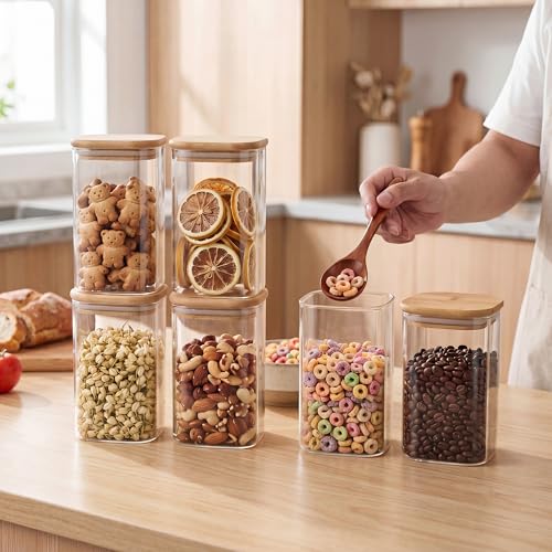 SENTVEND 37 Oz Glass Jars - 6 Pack Food Storage Containers with Lids Square