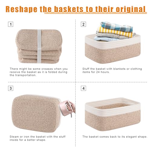 OIAHOMY 4 Pack Storage Baskets for Organizing, Small Bins for Shelves, Cute Decorative Storage Bins, Organizer Baskets for Gifts Empty, 11.8''Lx7.8''Wx4.7''H, Brown/White