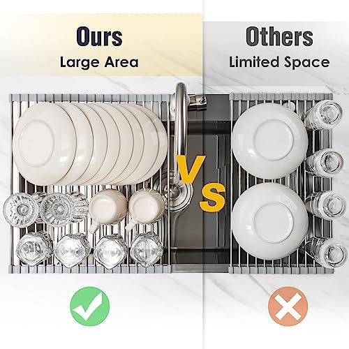 Tomorotec Roll Up Dish Drying Rack Over Sink, 304 Steel, 21x15.5, Grey | Anti-Slip Silicone Rims For Grip, Heat-Resistant Trivet Mat Holding Heavy Cookware, Rustproof Kitchen Counter Space Saver