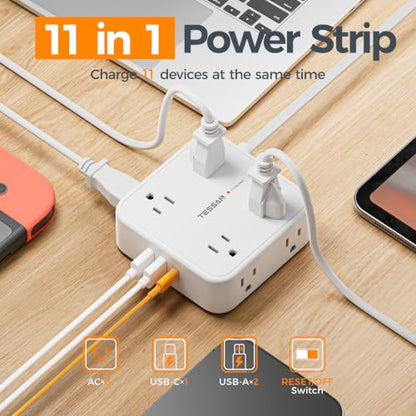 TESSAN Surge Protector Power Strip with 900J Surge Protection, 5 Ft, White | 8 AC with 3 USB Ports (1 USB C), Flat Plug Extension Cord, 3 Sided Outlet Extender with Power Switch for Office, Dorm Room
