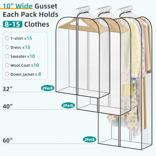 LANDNEOO 6 Pack Clear Garment Bags for Hanging Clothes with Zippers on Double Sides - 32&40&60" Long Suit Bags - 10'' Clothes Storage for Coat, Dress, and Fur in Closet