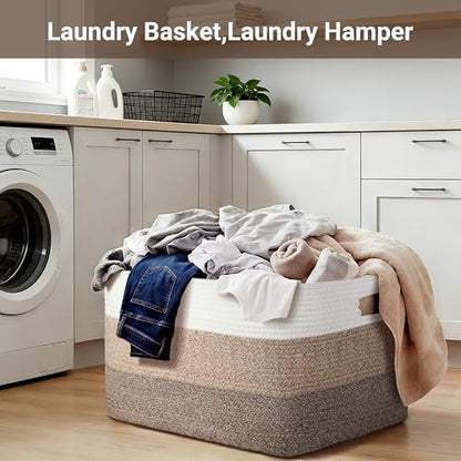 75L Large Woven Storage Basket, Cotton Rope Laundry Hamper with Handles, 22”x17”x12” Rectangle Blanket Basket for Toys, Clothes, Pillows, Nursery and Living Room, Gradient Brown/White