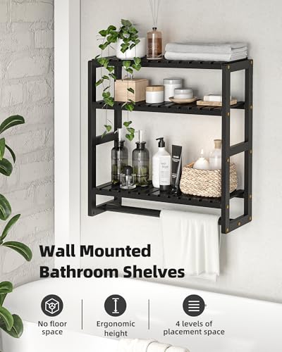 Galood Over The Toilet Storage Bathroom Shelves Wall Mounted 3 Tier Black | Space Saver Corner Shelf Organizer Bamboo Towel Rack Toilet Paper Cabinet with Hanging Rod