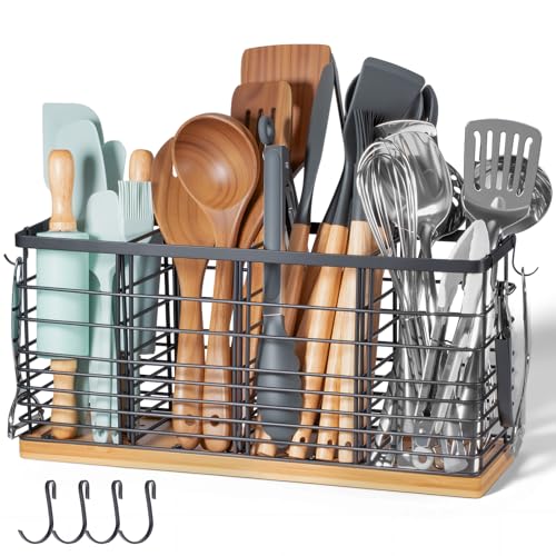 Nigelia 4 Compartments Extra Large Kitchen Utensil Holder with Wooden Base, Metal Organizer for Kitchen Countertop, Matte Black Cooking Utensils Holder with 4 Hooks for Tools Storage