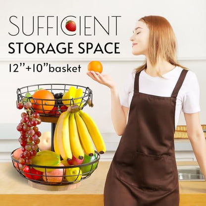 2-tier Fruit Basket Bowl,Metal Basket with Wooden Base,Fruit and Vegetable Storage with Banana Hanger,Fruit Basket for Kitchen Counter Organizer.