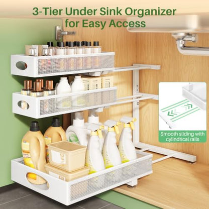 Kitstorack Under Sink Organizer 3-Tier Slide Out Drawer for Bathroom 2-Pack | Height Adjustable, Metal Mesh Storage Rack, Pull out Cabinet Organizer Shelf for Kitchen Pantry Home Laundry Organization