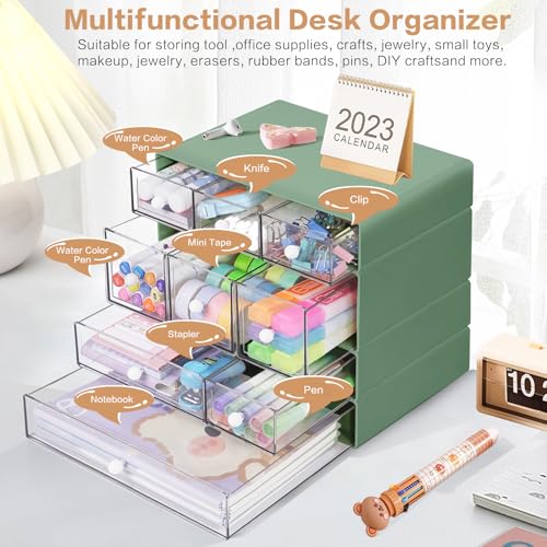 Desk Storage Organizer with 9 Drawers, 4 Tiers Stackable Desktop Craft Storage Drawers, Clear Storage Box Caddy for Stationary Makeup Jewelry Office Craft Supplies (Green)