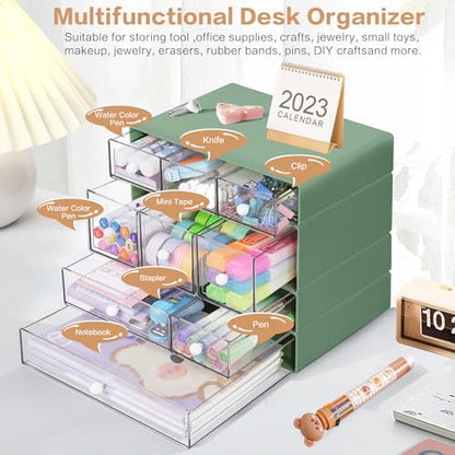 Desk Storage Organizer with 9 Drawers, 4 Tiers Stackable Desktop Craft Storage Drawers, Clear Storage Box Caddy for Stationary Makeup Jewelry Office Craft Supplies (Green)