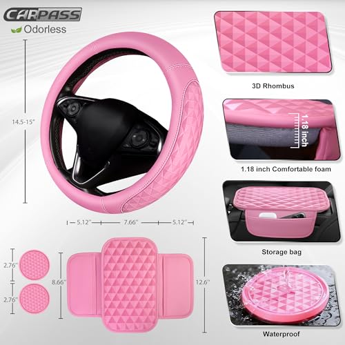 CAR PASS 3D Rhombus Leather Steering Wheel Cover Car Accessories Set, Comfortable Center Console Armrest Cushion with Storage Bags 2 Non-Slip Cup Coasters, 14.5-15in Cute Car Interior Sets, 4 PCS Pink