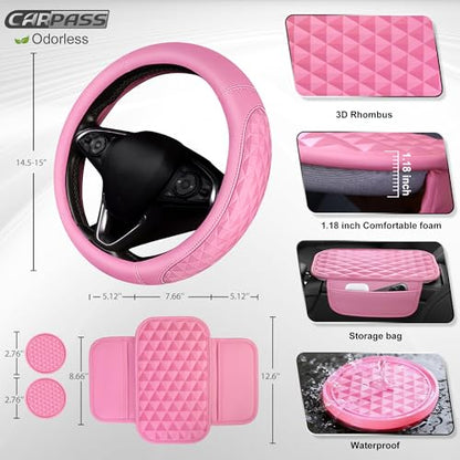 CAR PASS 3D Rhombus Leather Steering Wheel Cover Car Accessories Set, Comfortable Center Console Armrest Cushion with Storage Bags 2 Non-Slip Cup Coasters, 14.5-15in Cute Car Interior Sets, 4 PCS Pink