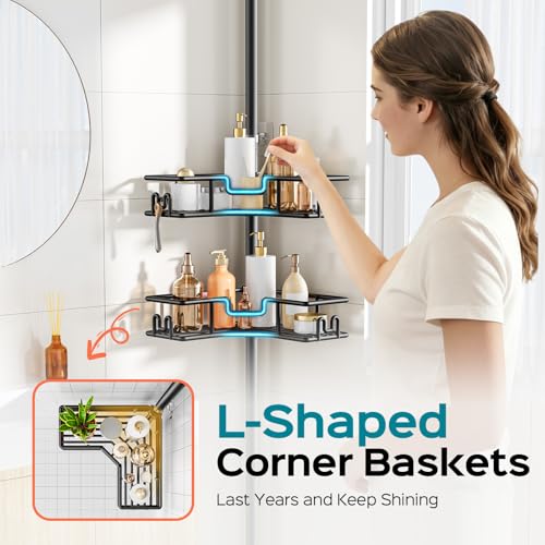 HAMITOR Shower Caddy Tension Pole: 4-Tier Adjustable Corner Organizer Black | Heavy Duty Rustproof L-Shaped Shelves- No Drilling Space-Saving Storage Rack for Family & Renters- 47.72-123.6 inch