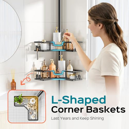 HAMITOR Shower Caddy Tension Pole: 4-Tier Adjustable Corner Organizer Black | Heavy Duty Rustproof L-Shaped Shelves- No Drilling Space-Saving Storage Rack for Family & Renters- 47.72-123.6 inch