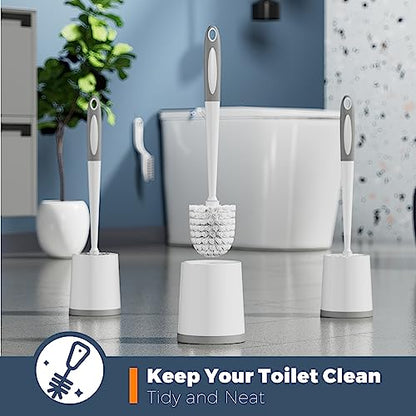 Toilet Brush and Holder Set, 3 Pack, White | Bathroom Accessories, Ergonomic Silicone Handle, Dense Bristles, Deep Cleaning, with 3 Crevice Brushes, Scrubber