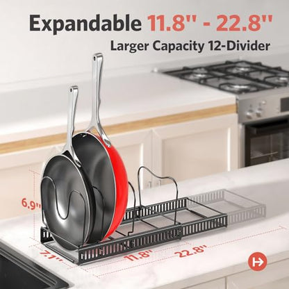 Pots and Pans Organizer under Cabinet, 11.8-22.8" 12 Dividers Black | Extends 11.8-22.8", Holds pot lids, pans, cookware and bakeware, Adjustable dividers, for under cabinet or countertop