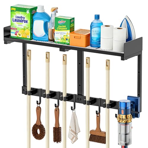 27" Mop and Broom Holder Wall Mount with Top Storage Shelf & Hooks,Black | Mop Hanger Wall Mount, 5 Grippers, 5 Hooks, Wall Organizer For Laundry Room, Garage And Kitchen