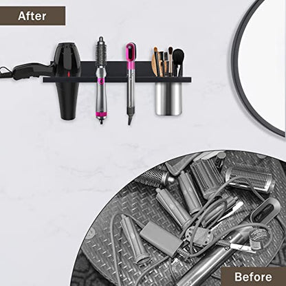 Hair Tool Organizer Wall Mounted - Wooden Dryer Holder, Blow Dryer Holder for Bathroom, Rustic Styling Tools Organizer for Flat Iron, Curling Wand, Hair Straighteners, Brushes, Black