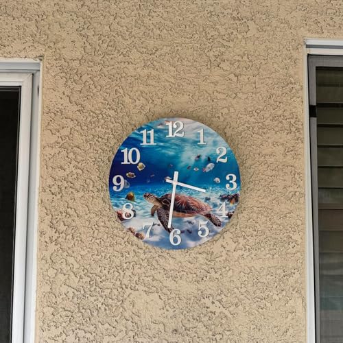 Yoiolclc Outdoor Clock Waterproof Ocean Nautical Wall Clocks for Patio Pool Garden Bathroom Home Decor(12 Inch,Blue,Sea Turtle)