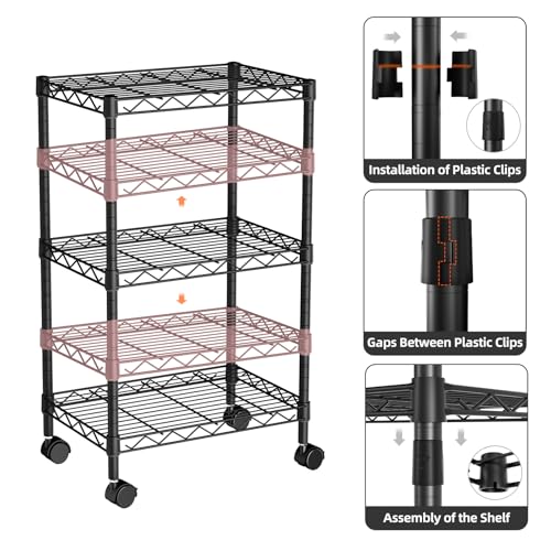 Small Shelves Storage Wire Metal Adjustable Shelf Unit with Wheels | 3 tier Shelving Organizers Storage Shelving for Bathroom Laundry Room Kitchen Pantry 11.7”D x 17.7”W x 30.7”H Black