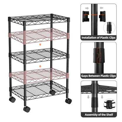 Small Shelves Storage Wire Metal Adjustable Shelf Unit with Wheels | 3 tier Shelving Organizers Storage Shelving for Bathroom Laundry Room Kitchen Pantry 11.7”D x 17.7”W x 30.7”H Black