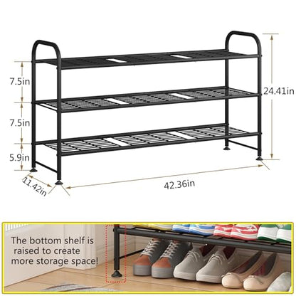 LINZINAR 3 Tier Long Shoe Rack for Closet Metal Shoe Organizer for Entryway | Spacious design stores 20+ pairs of shoes,durable metal frame,space-saving organizer for closet, hallway, and Entryway Black