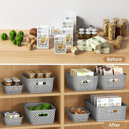 MaxGear 3 Pack Plastic Storage Baskets, Large, Grey | Durable Woven Plastic with Built-In Handles, Suitable for Shelves, Closets, Cabinets, Bathrooms and Offices
