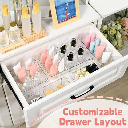 15 Pcs Extendable Clear Drawer Organizer, All Adjustable Vanity Storage Box, 2-Size Desk Drawer Organizer, Acrylic Storage Bins for Makeup, Cosmetic, Bedroom Dressers Tool Organizer for Gadgets