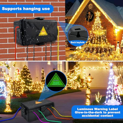 Medium Outdoor Electrical Box(10.6x5.5x4.5inch),Weatherproof Connection Box w/6 Cable Entry,IP54 Waterproof Extension Cord Cover Protect Power Strip,Timer,Plug,Holiday Lights,Black