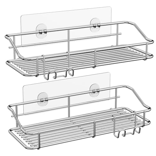 Nieifi Shower Caddy Adhesive, Shower Shelves, Shampoo Holder for Bathroom | Stainless steel, 2 pack, shower rack, shower organization, with hooks, rustproof, no drilling, razor holder, silver