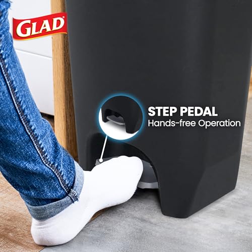 Glad Trash Can with Clorox Odor Protection | Plastic Bin, 13 Gal, Black | Kitchen Waste Bin | Hands Free with Step On Foot Pedal and Garbage Bag Rings