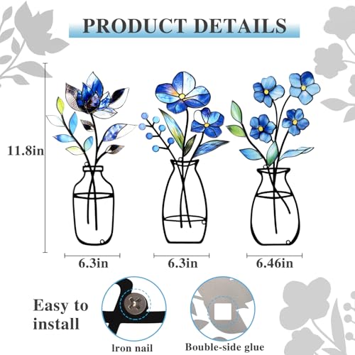 3 Pcs Metal Vase Wall Arts,Iron Art Painting,Rustic Farmhouse Decor Minimalist Flower Wall Decor for Bedroom Bathroom Living Room Dining Room(Blue, Vase-D)