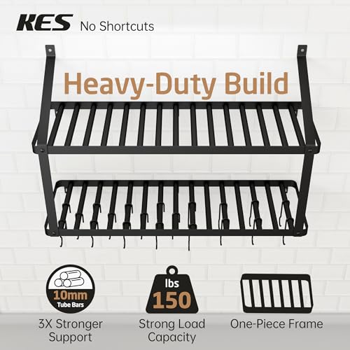150 lb High-Capacity Pot Rack Wall Mounted with Po... (Black | Iron)
