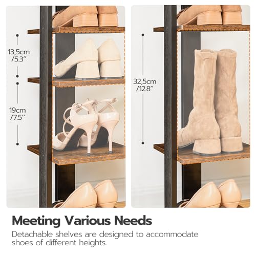 HOOBRO Vertical Shoe Rack for Front Door Entryway, 7 Tier Wooden Shoe Storage Organizer with Hooks, Narrow Shoe Tower for 7 Pairs, Space Saving, for Corner, Closet, Bedroom, Rustic Brown BF61XJ01