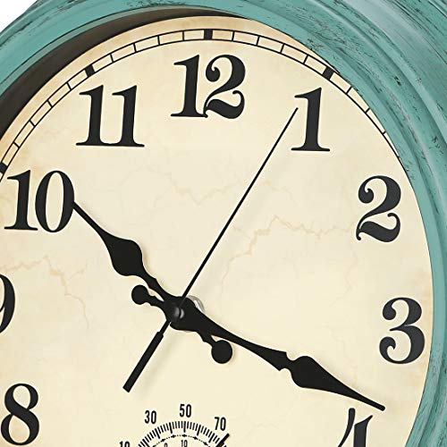 12 Inch Indoor/Outdoor Retro Waterproof Wall Clock with Thermometer,Vintage Battery Operated Silent Non Ticking Quartz Clock Wall Decorative for Kitchen/Bedroom/Living Room/Bathroom/Patio-Olive green