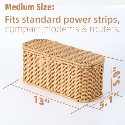 Rattan Cable Management Box, Cord Organizer to Hide Cords & Power Strip | Metal framed handwoven rattan, ventilated to dissipate heat. Octagonal design & dual rear cable slots, boho home office decor