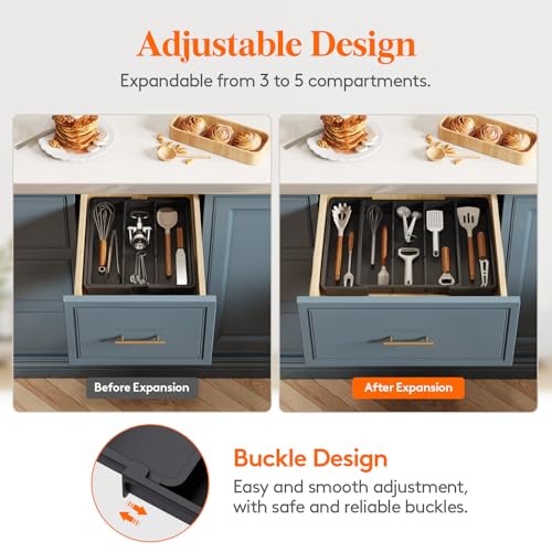 Lifewit Utensil Organizer for Kitchen Drawers, Expandable Cooking Utensil Tray, Adjustable Cutlery Silverware Flatware Holder, Plastic Spatula Tools Storage Divider, 11-18 x 14", Black