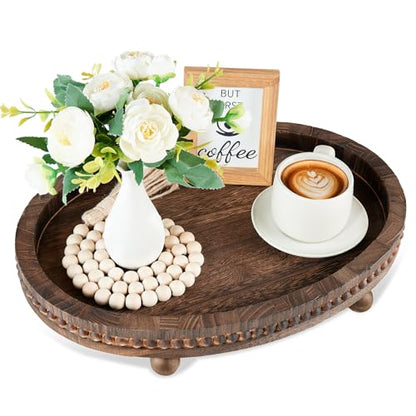HouseJoy Wooden Decorative Tray for Table: 16×11.8in Wood Beaded Tray | Decor Tray for Coffee Table/Home/Living Room/Bathroom - Serving Tray for Kitchen Dining