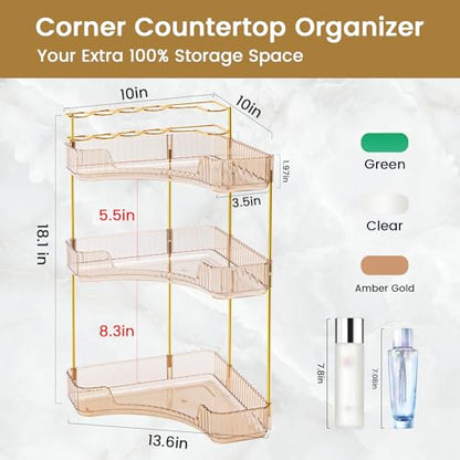 Makeup Organizer 3-Tier Bathroom Counter Organizer with Makeup Brush Holder | Corner Bathroom Organizer Countertop, Acrylic Counter Storage for Bathroom Dresser, Skincare Perfume Organizer- Amber Gold