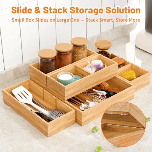Bamboo Drawer Organizer, 5-Piece Stackable Trays with Removable Dividers | Junk drawer organizer, assorted tray sizes, 5-11 customizable compartments, nestable, kitchen utensils, bathroom, office